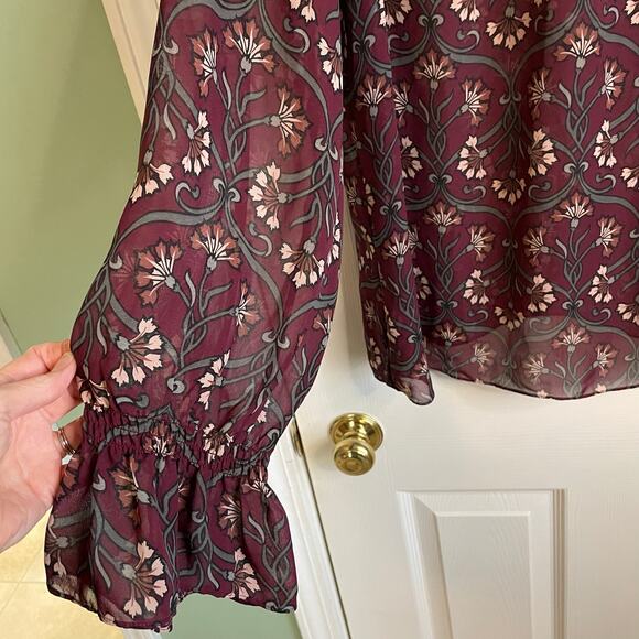 Lane Bryant Sheer Blouse Ruffle Neck Smocked Bodice Floral Burgundy Sz 20 - Picture 7 of 11